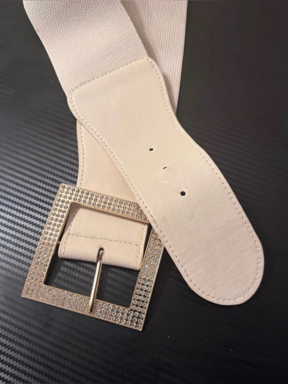 Cream Stretch Waist Belt with Crystal Square Buckle